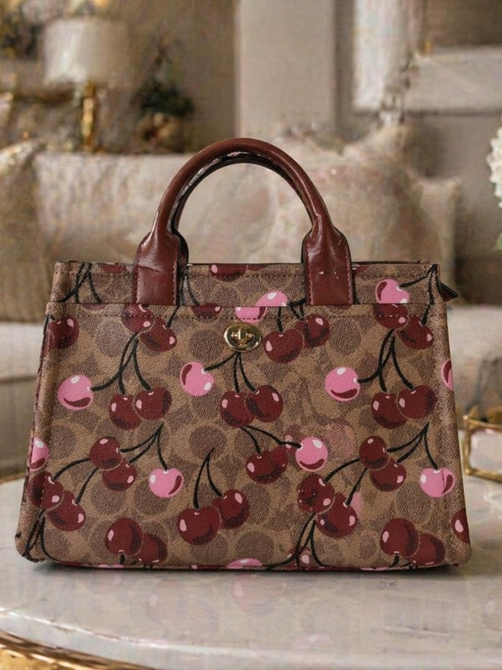 Cherry Print Brown Tote Handbag - Designer Style